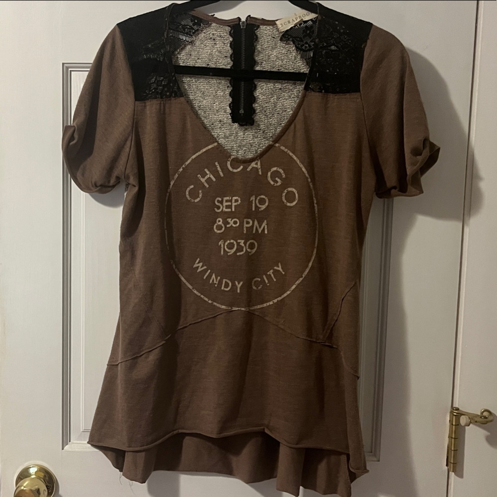 Scrapbook Mixed Media Short Sleeve Tee with Black Lace